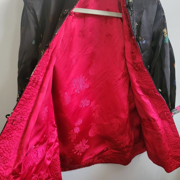 Vtg 1949 Reversible Chinese Silk Jacket Red Black Tang Floral Embroidered M - Picture 10 of 14
